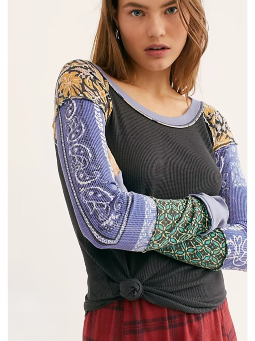 We The Free People Bright Side Patchwork Thermal Top Small Bandana Boho Blue